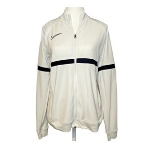 Nike Dri Fit Womens M White Track Jacket Full Zip Logo Black Stripe Pockets FLAW